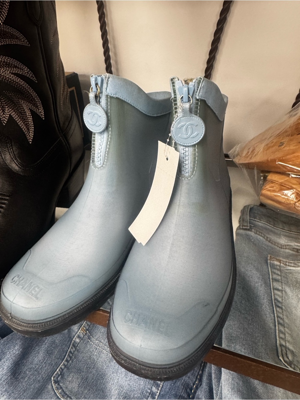 vintage CHANEL Cruise 2000 rain boots 
 with CC Zip Pulls size 7